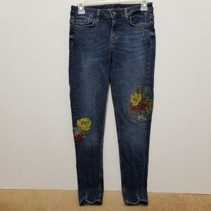 Zara jeans 2 lightly distressed floral embroidered applique patch denim boho